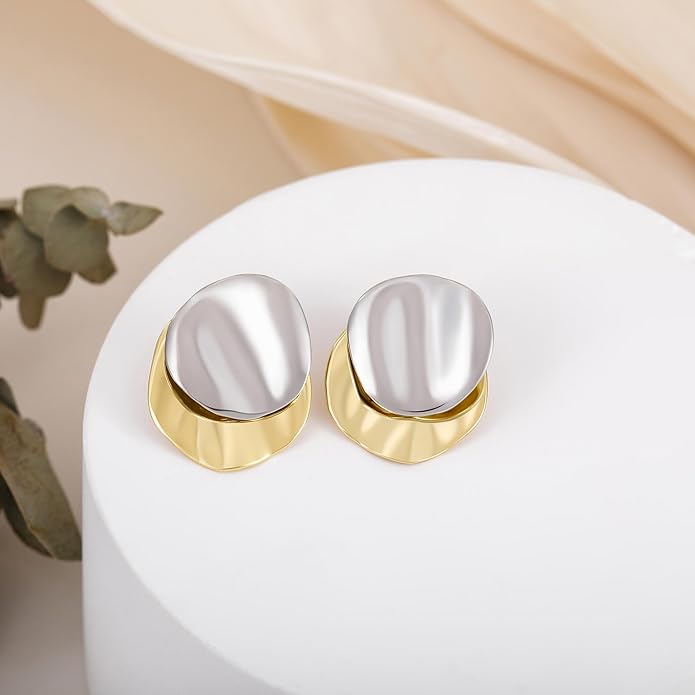 SHINYSO Chunky Stud Earrings for Women Two Tone Mixed Metal Gold and Silver Big Statement Hypoallergenic Earring