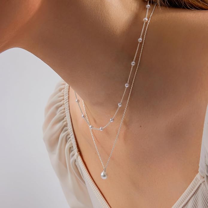 Gold Jewelry Set for Women - Dainty 14K Gold/Silver Plated Pearl Choker Necklace, Drop Earrings & Bracelets - Wedding Trendy Pearl Jewelry Gift