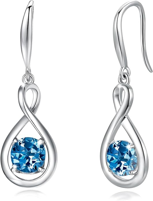 FANCIME Dangle Drop Earrings 925 Sterling Silver Dainty Infinity Round Gemstone Birthstone Jewelry Birthday Gifts for Her Women