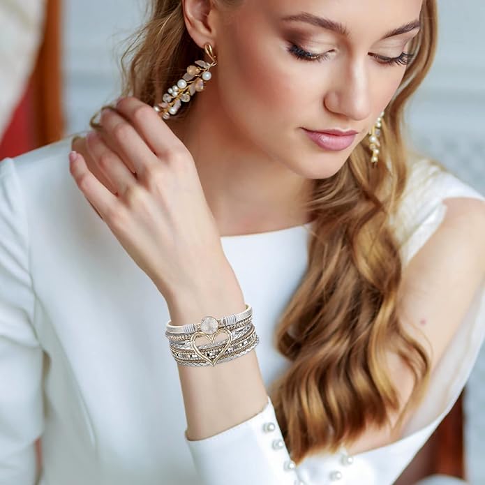 Fesciory Leopard Bracelet for Women, Boho Leather Wrap Multi-Layer Pearl Crystal Bracelet Bangle Jewelry