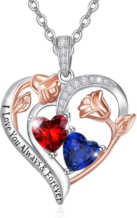 Zeuslia Double Birthstone Necklace Gifts for Wife - 925 Sterling Silver Sunflower/Rose/Crown Cross/Compass/Heart Pendant I Love You Necklace, Anniversary Birthday Gifts for Wife Girlfriend Mom Her