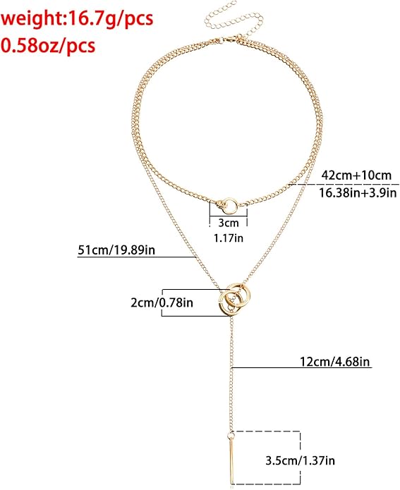 PLOUTOS Double Circle Layered Choker Lariat Necklace for Women Tassel Long Bar Pendant Adjustable Chain Y Shaped Collarbone Style Two Colors Silver Gold Alloy