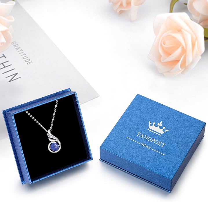 TANGPOET Birthstone Gemstone Necklaces for Women 925 Sterling Silver Dainty Pendant Jewelry Valentines Mothers Day Christmas Birthday Gifts for Mom Girlfriend Wife Daughter