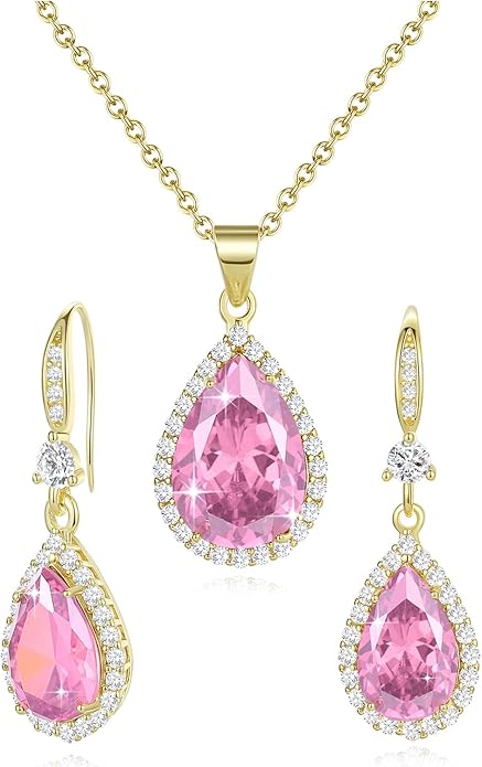 Sumonyo Women Jewelry Set Silver/Gold Plated Teardrop Pendant Necklace Dangle Drop Earrings Dangling Sets Birthstone Crystals Rhinestone,Birthday Anniversary Wedding Mother’s Day Gifts for Women