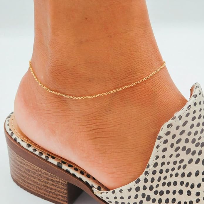 Dainty Ankle Bracelets for Women 18K Gold Plated Satellite Beaded Herringbone Chain Anklets Simple Lip Chain Anklet Minimalist Summer Beach Foot Jewelry Christmas