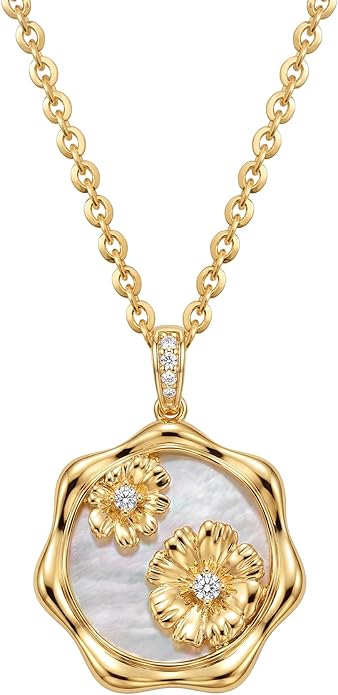 MEVECCO Birth Flower Necklace For Women 18k Gold Plated Mother Of Pearl Disc Floral Pendant Necklace Dainty 12 Birth Month Flower Handmade Personalized Jewelry Anniversary Christmas Birthday Gifts