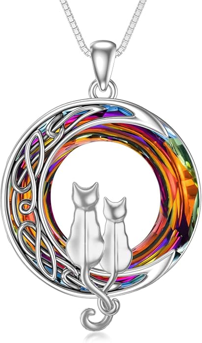TOUPOP Christmas Cat Gifts for Cats Lovers One Two Three Four Cats Necklace Sterling Silver Cats on the Moon Pendant Necklace with Blue Circle Crystal Birthday Christmas Celtic Jewelry Gifts for Women