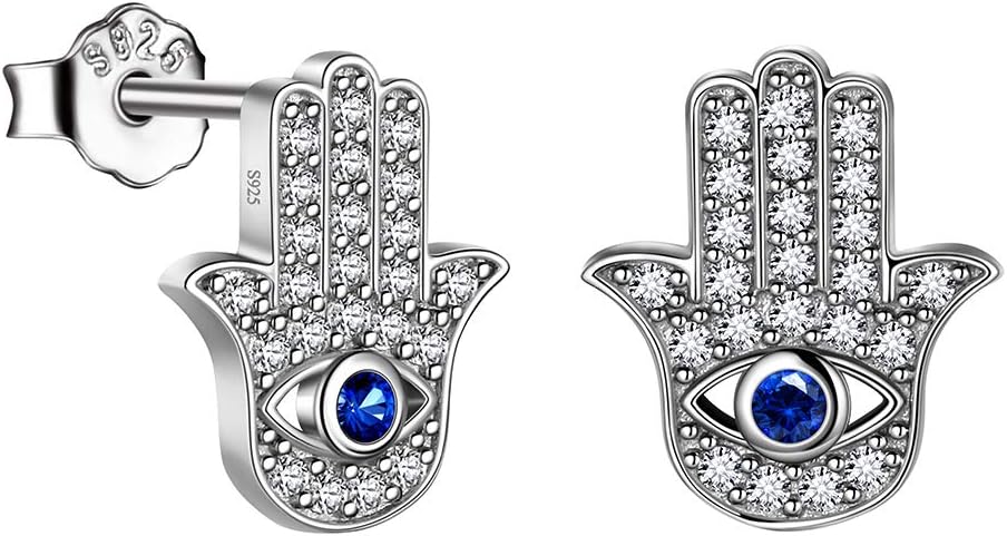 Evil Eye Necklace Evil Eye Hamsa Hand of Fatima Necklace 925 Sterling Silver Fine Jewelry Gifts for Womens White Blue CZ Third Eye Stud Earrings Turkish Eye Ring Hamsa Hand Jewelry Set Gifts Valentine Day Chrismtas Gifts