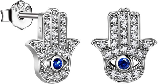 Evil Eye Necklace Evil Eye Hamsa Hand of Fatima Necklace 925 Sterling Silver Fine Jewelry Gifts for Womens White Blue CZ Third Eye Stud Earrings Turkish Eye Ring Hamsa Hand Jewelry Set Gifts Valentine Day Chrismtas Gifts