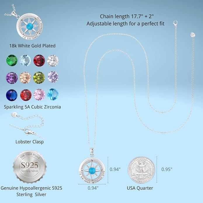 Compass Necklace for Women Wife Girlfriend Mom Daughter Gifts S925 Silver Jewelry For Anniversary Rose Gold Gifts For Birthday Christmas Mothers Valentines Day 12 Birthstones
