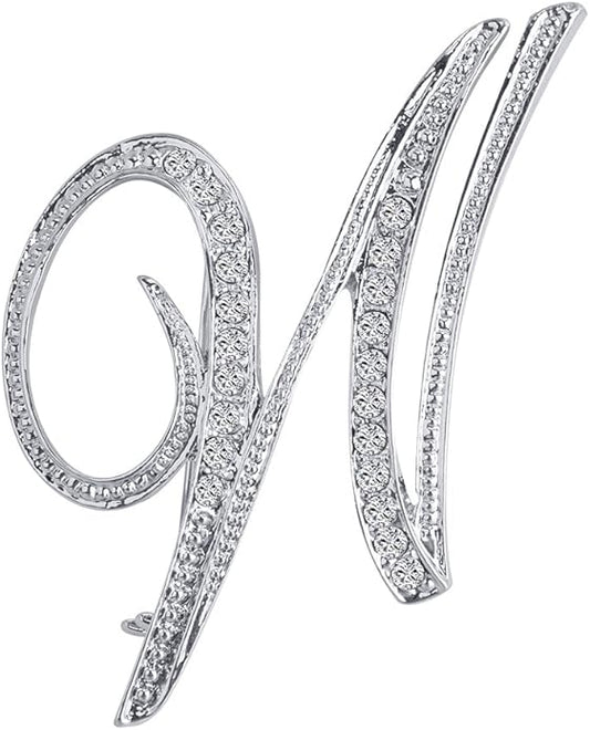 LiaSun A-Z 26 Letters Pins Brooches Silver Plated Metal Broaches Pins-Clear Crystal Initial Breastpin