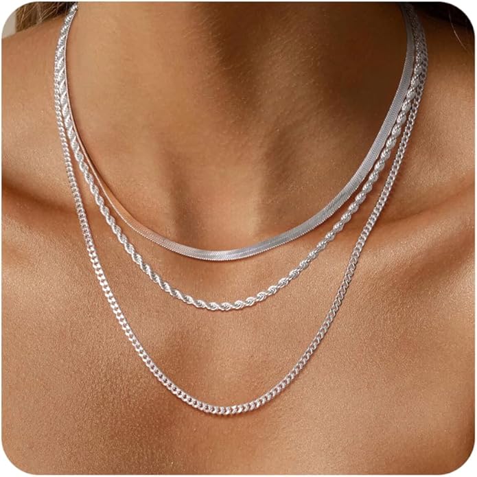 Layered Gold Necklace for Women Dainty 14K Gold/Silver Plated Stacked Necklace for Women Trendy Cuban Paperclip Herringbone Chain Diamond Pendant Necklaces Jewelry Set Accessories Gift