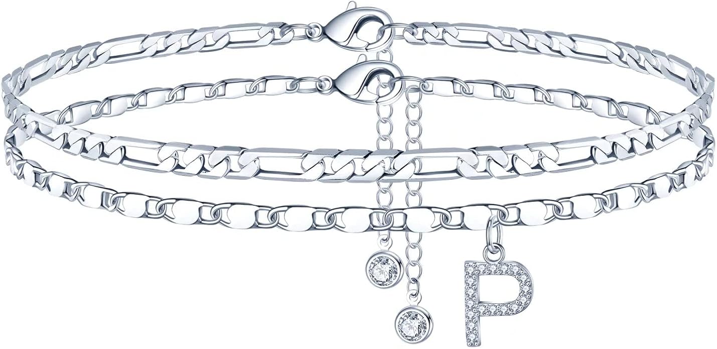 Ursteel Ankle Bracelets for Women, 14K-Gold-Plated Dainty Layered Chain CZ Initial Anklets Set Summer Jewelry Gifts for Women