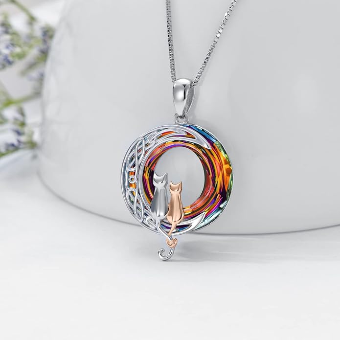 TOUPOP Christmas Cat Gifts for Cats Lovers One Two Three Four Cats Necklace Sterling Silver Cats on the Moon Pendant Necklace with Blue Circle Crystal Birthday Christmas Celtic Jewelry Gifts for Women