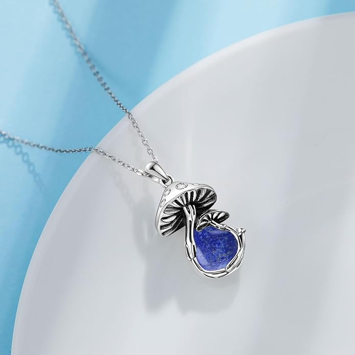 YAFEINI Mushroom Necklace Moonstone/Moss Agate/Malachite/Labradorite/Turquoise/Amber/Larimar/Black Onyx/Lapis Lazuli/Peridot/Opal Sterling Silver Mushroom Pendant Mother's Day Jewelry for Women Mom
