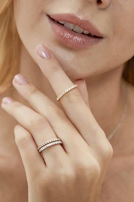 EAMTI 2mm Wedding Band Cubic Zirconia Half Eternity Stackable Brass Engagement Ring Size 3-13