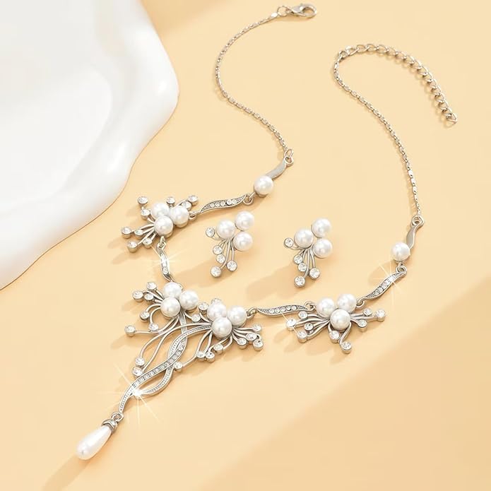 la luen Pearl Bride Wedding Jewelry Set Faux Pearls Crystal Rhinestone Necklace Earrings Bracelet Sets for Women Bridesmaid(3 PCS)