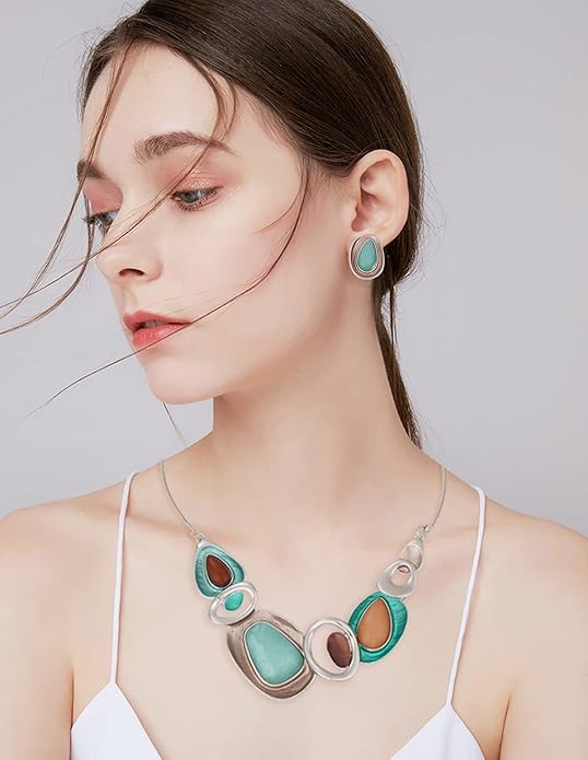 Vintage Chunky Statement Jewelry Set Retro Leaf Floral Geometric Bohemian Boho Bib Necklace Earring Set Fashion Costume Jewelry for Women Girls Wedding Party Prom Unique Gift