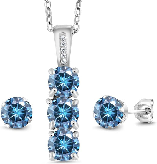 Gem Stone King 925 Sterling Silver 5MM Gemstone Birthstone and White Diamond 3-Stone Pendant and Earrings Jewelry Set For Women | With 18 Inch Chain