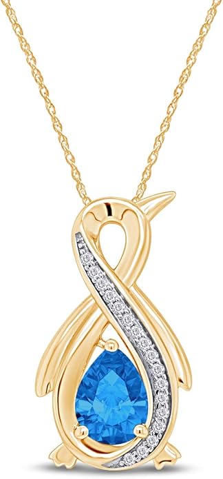 Infinity Penguin Pendant Necklace for Women, 14K Gold Over Sterling Silver with Pear & Round Cut Simulated Birthstone & White Diamond Accents, Dainty Animal Jewelry Gift with 18" Chain