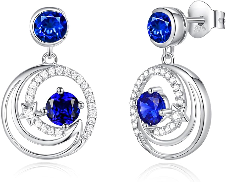 FANCIME Dangle Drop Earrings 925 Sterling Silver Moon Star Round Gemstone Birthstone Jewelry Birthday Christmas Gifts for Her Women
