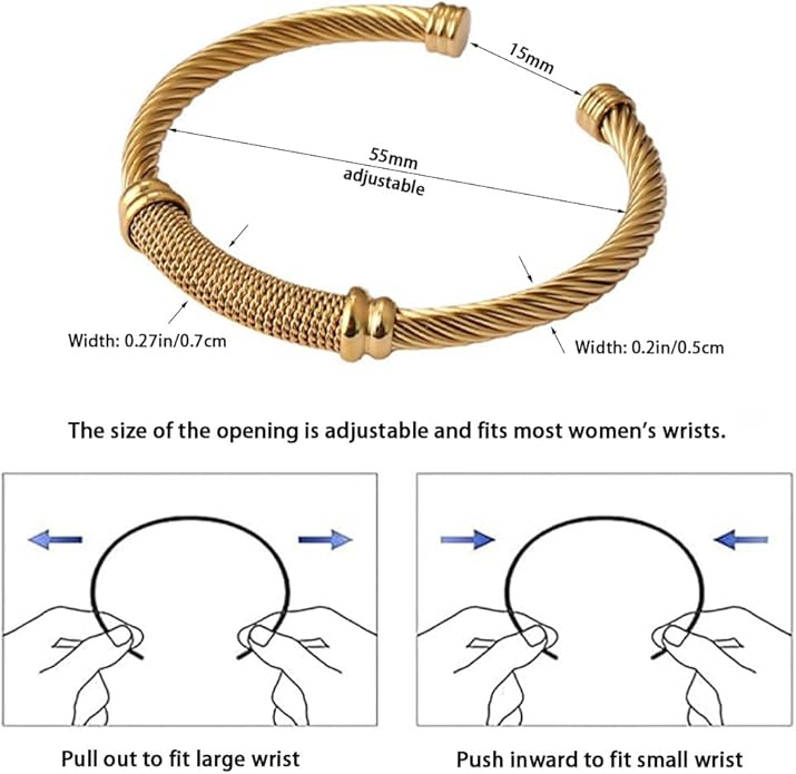 Twisted Cable Bangle Bracelet for Women Gold Plated Lightweight Adjustable Open Cuff Vintage Chunky Jewelry Gift for Her Mom Sister Birthday Christmas