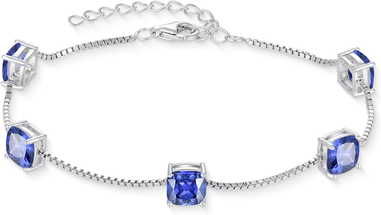 Birthstone Bracelet for Women 925 Sterling Silver Dainty Princess Cut Link Bracelet Jewelry Gifts for Her