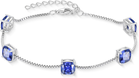 Birthstone Bracelet for Women 925 Sterling Silver Dainty Princess Cut Link Bracelet Jewelry Gifts for Her
