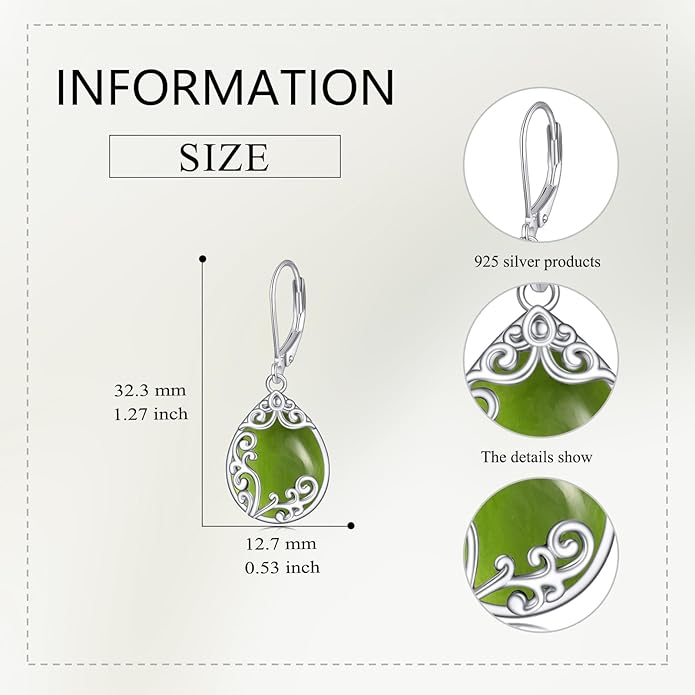 Filigree Earrings Sterling Silver Teardrop Moonstone Moss Agate Lapis Lazuli Larimar Emerald Peridot Opal Dangle Dangly Drop Leverback Earrings Boho Jewelry Gifts for Women