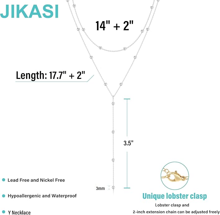 Lariat Gold Necklaces for Women Trendy Dainty Long Necklace 14k Gold Plated/Silver Layered Drop Beaded Chain Necklaces Y-shaped Pendant Necklace Simple Gold Jewelry Gifts