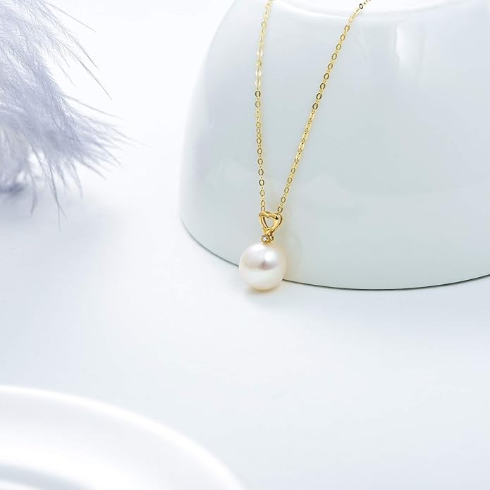 14K Solid Gold Pearl Necklace, Dainty AAA Quality Pearl Heart Pendant Valentine's Day Love Jewelry Present for Women, Wife, Mother, 16"-18"