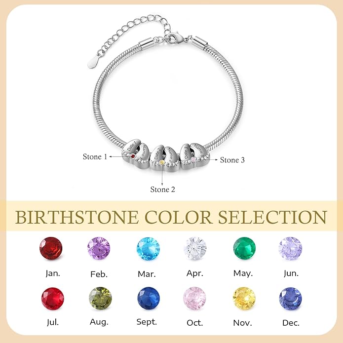 Jeweidea Personalized Foot Charm Birthstone Bracelet – Custom Engraved Bracelet with 1–5 Foot Charms, Name and Date Engraving, Meaningful Jewelry Gift for Mom Wife