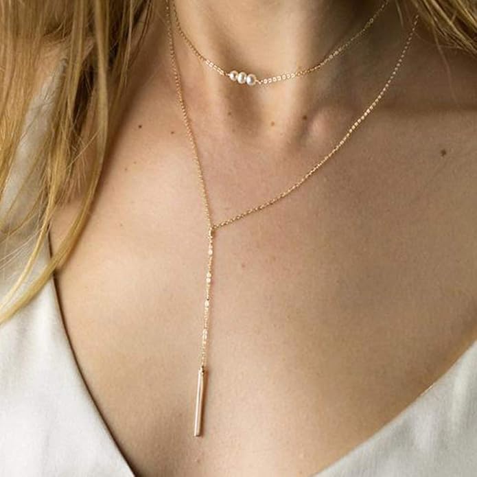 Turandoss Dainty Layered Choker Necklace, Handmade Y Pendant Necklace Multilayer Bar Disc Necklace Adjustable Layering Choker Necklaces for Women