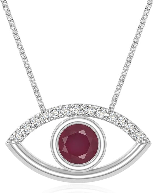 Natural Gemstone with Moissanite Evil Eye Pendant Necklaces for Women in Silver/18K Yellow/Rose Gold Vermeil,Birthstone Jewelry Gifts for Her Birthday,Anniversary, Graduation