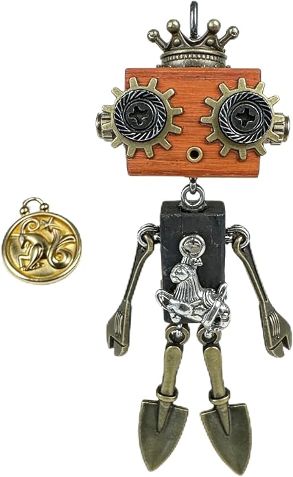 Steampunk Wooden Robot Pendant Necklace， Handmade Punk Style Pendant Zodiac Necklace for Men Women，Creative Birthday Gift