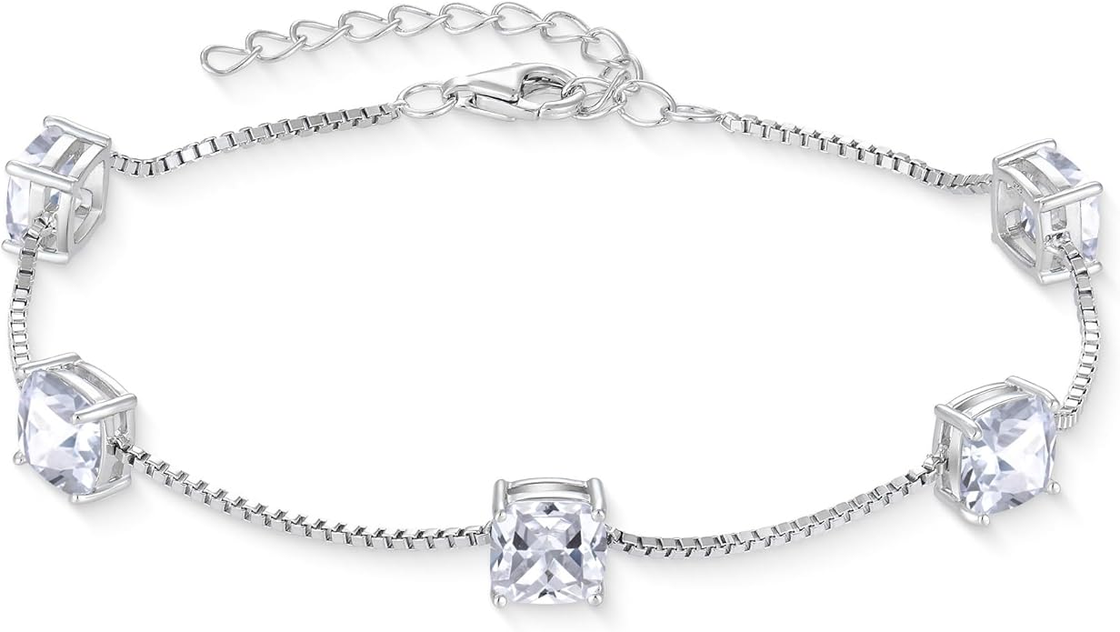 Birthstone Bracelet for Women 925 Sterling Silver Dainty Princess Cut Link Bracelet Jewelry Gifts for Her