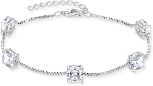 Birthstone Bracelet for Women 925 Sterling Silver Dainty Princess Cut Link Bracelet Jewelry Gifts for Her