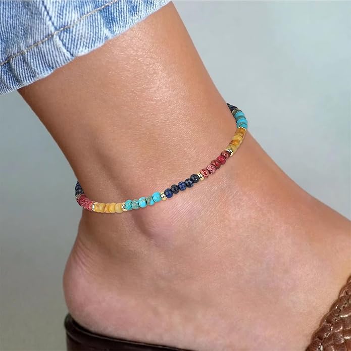 Natural Stone Beaded Anklets Bracelets for Women Handmade Beaded Anklet Bracelet Waterproof Boho Beads Ankle Bracelet Adjustable Summer Jewelry