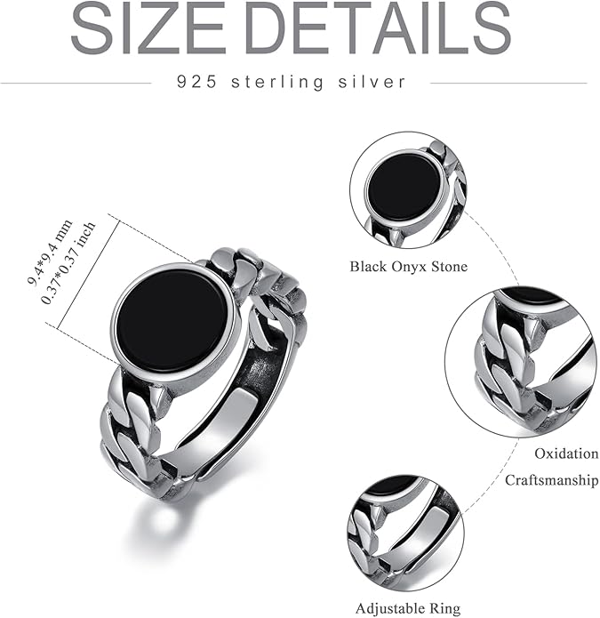 925 Sterling Silver Vintage Oxidized Style Black Onyx Adjustable Ring Casual Jewelry Gifts for Women