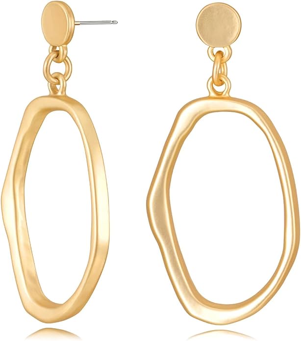 Stud Earrings for Women 14k Gold Plated Geometric Dangle Earrings Lightweight Minimalist Handmade Hammered Texture Oval Disc Drop Double-layer Big Hoop Dangle Earrings for Women