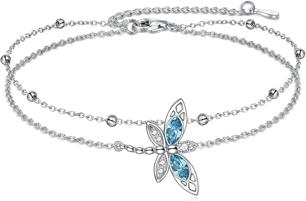 TIGER RIDER Dragonfly Anklet Sterling Silver Dragonfly Gifts Jewelry for Women with Crystal Birthday Anniversary