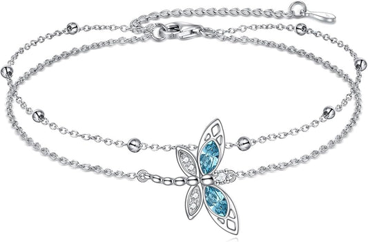 TIGER RIDER Dragonfly Anklet Sterling Silver Dragonfly Gifts Jewelry for Women with Crystal Birthday Anniversary