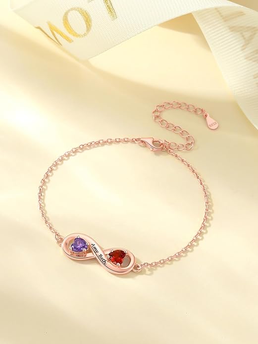 Custom4U Personalized Infinity Love Symbol Link Bracelets for Women 925 Sterling Silver Birthstone Bracelet Adjustable Engraved Chain Christmas Mother's Day Birthday Jewelry Gifts for Mom Her
