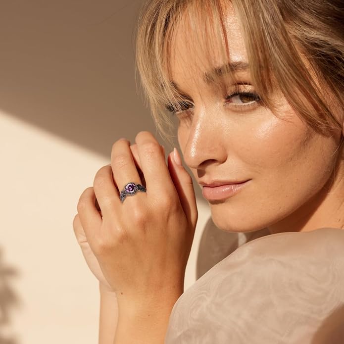 Gothic Black Rings for Women, Mystic Rainbow Topaz with Created Amethyst Flower Goth Black Gold Wedding Engagement Ring Size 6 to 11