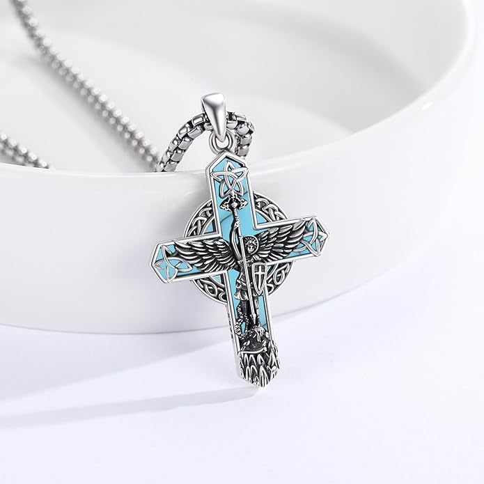 Midir&Etain Cross Necklace 925 Sterling Silver Celtic Christian Pendant Religious Protection Jewelry for Women Men