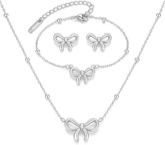 Bow Earrings Necklace Bracelet Set for Women Dainty Bowknot Jewelry Set Gold Pendant Necklace Ribbon Stud Earrings Cute Bow Accessories Elegant Gift for Her