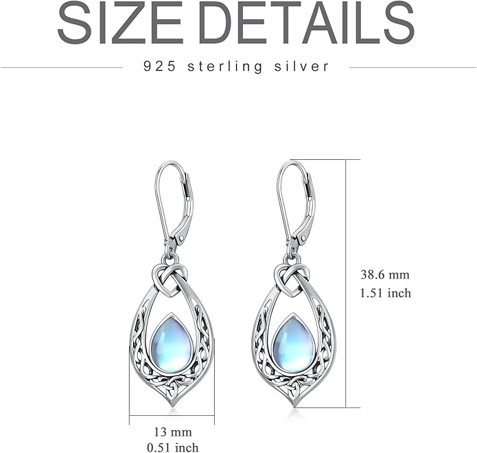 Celtic Knot Dangle Earrings 925 Sterling Silver Oxidized Vintage Drop Leverback Earrings with 8 * 6mm Simulated Birthstone Crystal Christmas Jewelry Gifts for Women (Gift Box)
