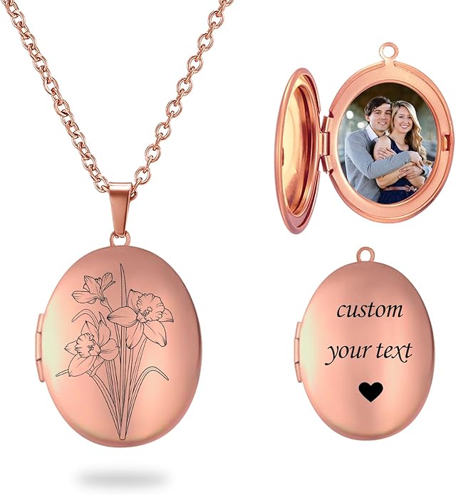 PHOCKSIN Personalized Locket Necklace for Women Photo Necklace with Customized Picture Birth Flower Birthstone New Years Gifts for Women
