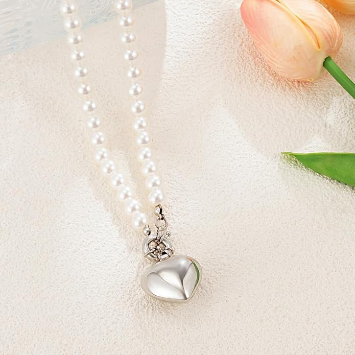 Chunky Gold Heart Necklaces for Women Long Pearl Heart Pendant Necklace Layered Puffy Love Pearl Choker Necklace Trendy Y2k Jewelry Accessory Gifts