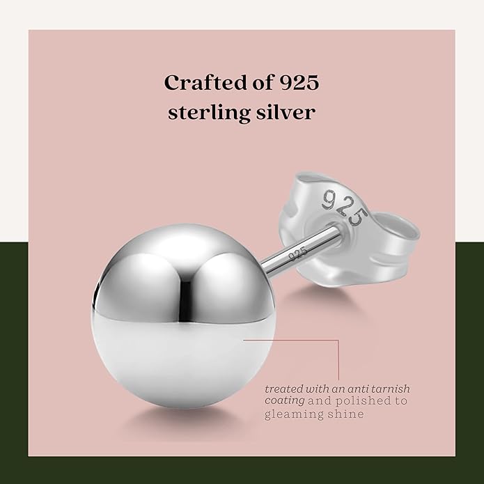 KEZEF Sterling Silver Ball Stud Earrings Hypoallergenic Earrings for Women | Available in Sterling Silver, Rose Gold, or 14K Gold Plated Silver (2mm-10mm)